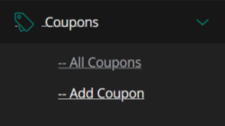 part of a screenshot showing the Add Coupon link under the Coupons link on the navigation panel of the Vendor Dashboard