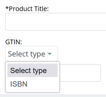 part of a screenshot showing the title field and ISBN option in the GTIN dropdown on the vendor dashboard